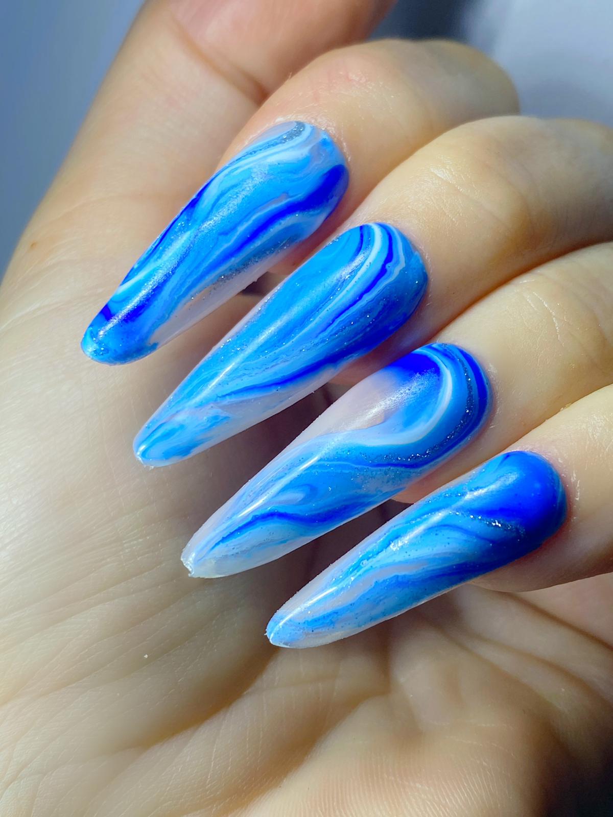 24pcs Icy Blue Marble Designed False Nails With Golden Glitter Art White  Acrylic Glossy Press On Nails Set Coffin Long No Glue - False Nails -  AliExpress